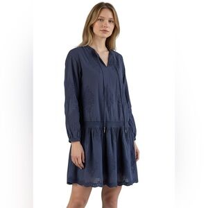 NWT $99 Tommy Hilfiger Navy Blue Embroidered Cotton Long Sleeve Dress